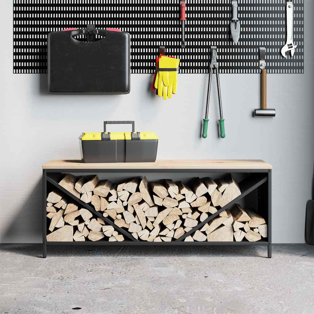 Stalak za drva za ogrjev s drvenim vrhom crni 100,5x35,5x40 cm