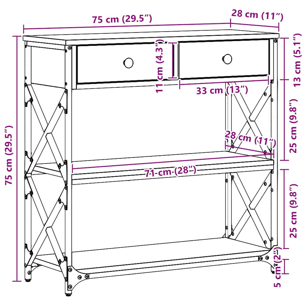 Konzolna stolica s ladicama Crni hrast 75 x 28 x 75 cm