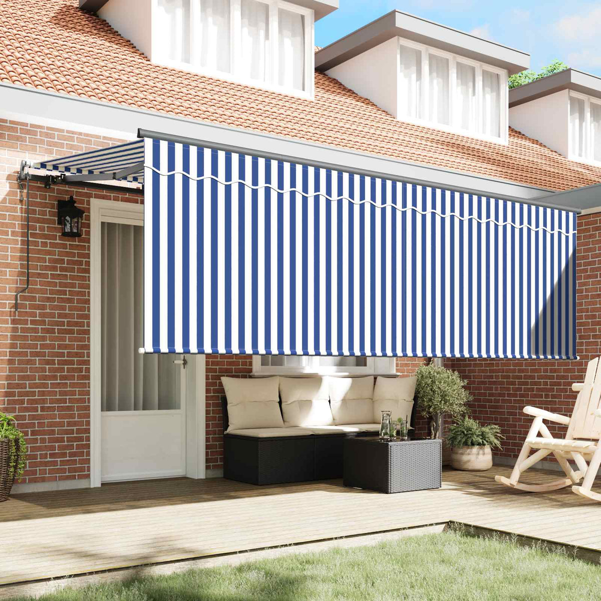 Skrovita tenda Plava i bijela 350 x 200 cm Poliester i aluminij