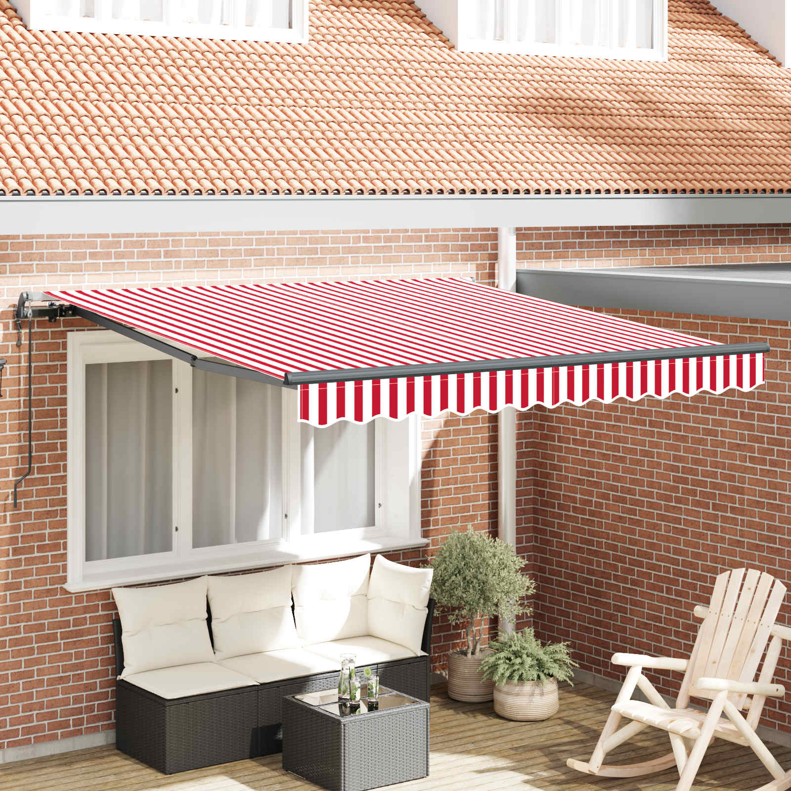 Skrovita tenda Crvena i bijela 350 x 250 cm Tkanina i Aluminij