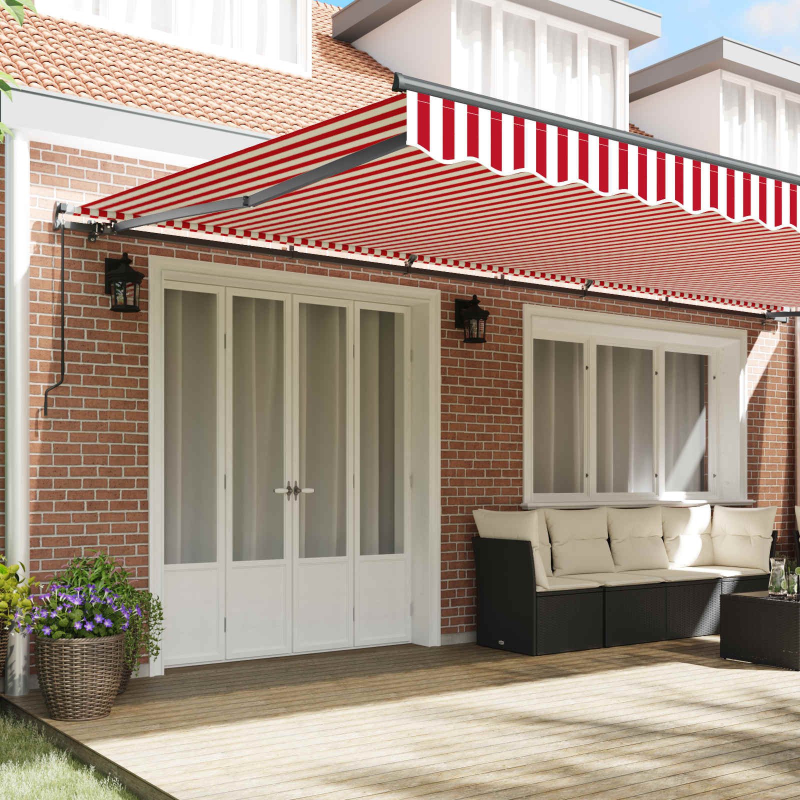 Skrovita tenda Crvena i bijela 600 × 300 cm Poliester i čelik