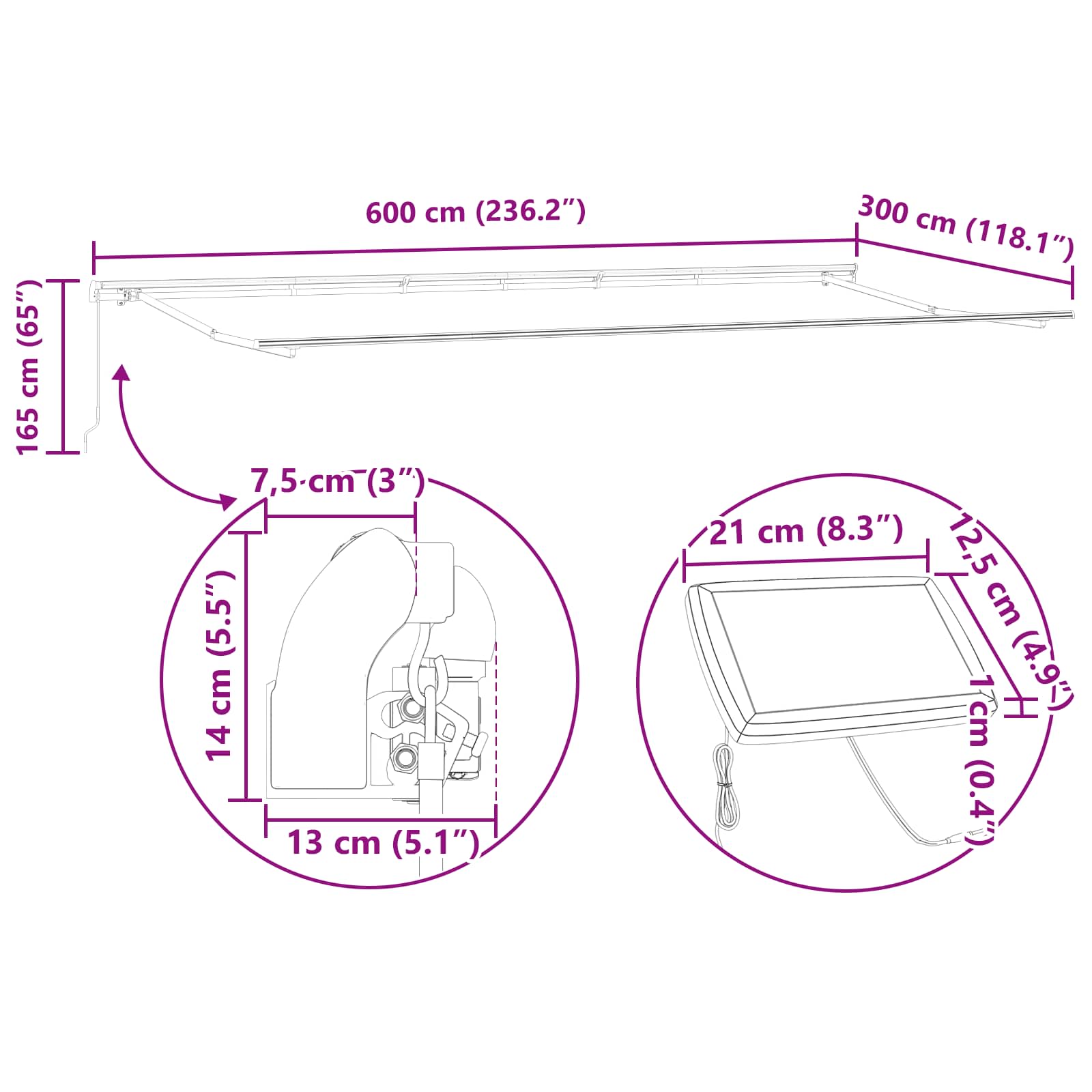 Skrovita tenda Bijelo 600 ×300 cm tkanina