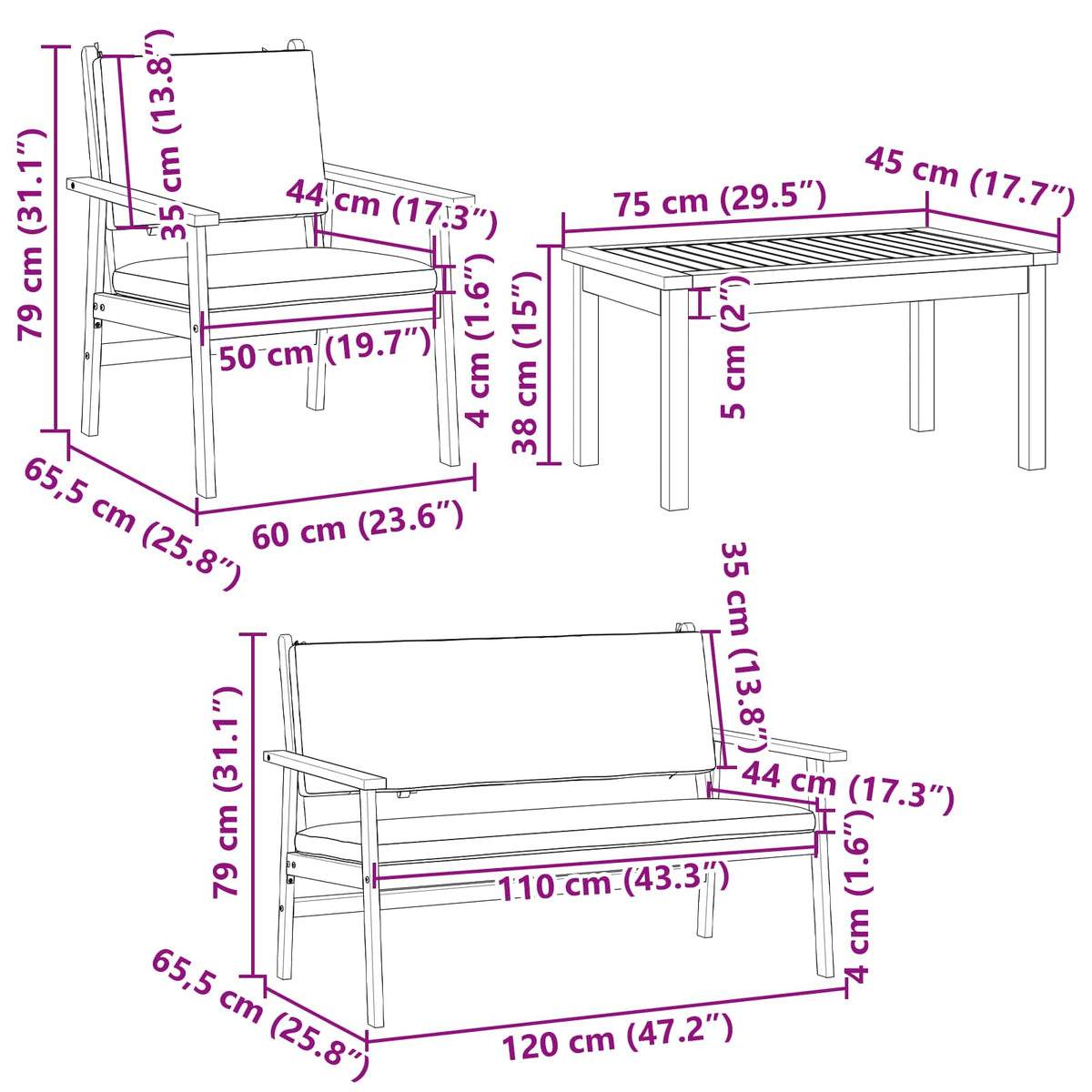 Sjedeća garnitura za vrt 4 pcs Smeđa 120 x 65,5 x 79 cm