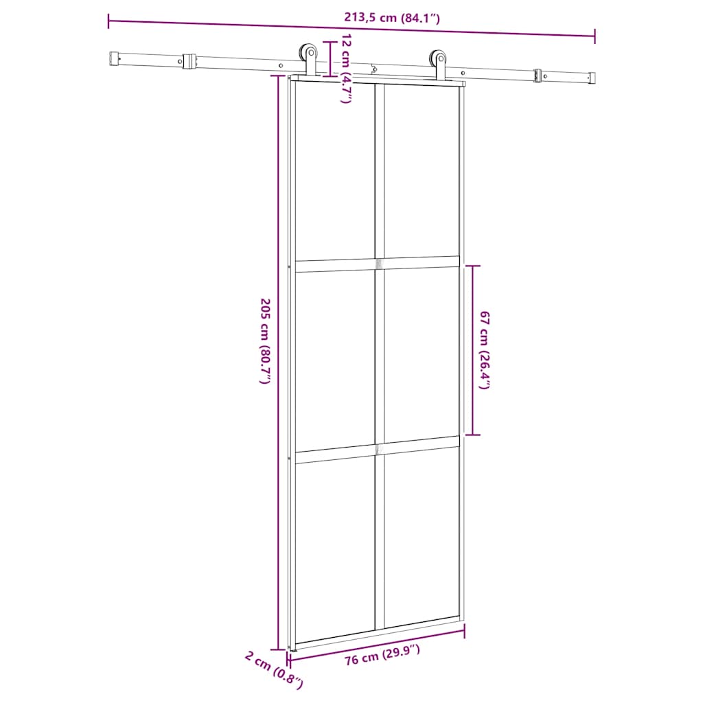 Klizna vrata s priborom 76 x 205 cm kaljeno staklo i aluminij