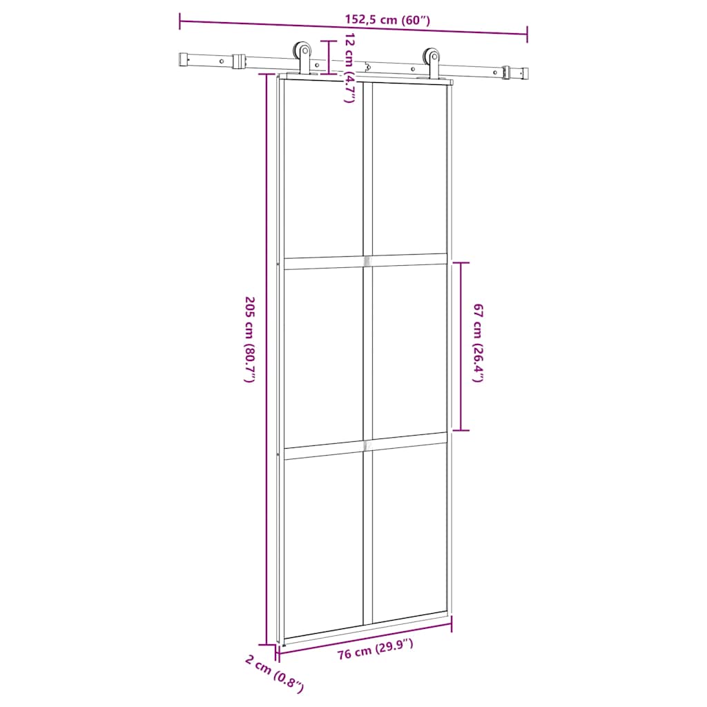 Klizna vrata s priborom 76 x 205 cm kaljeno staklo i aluminij