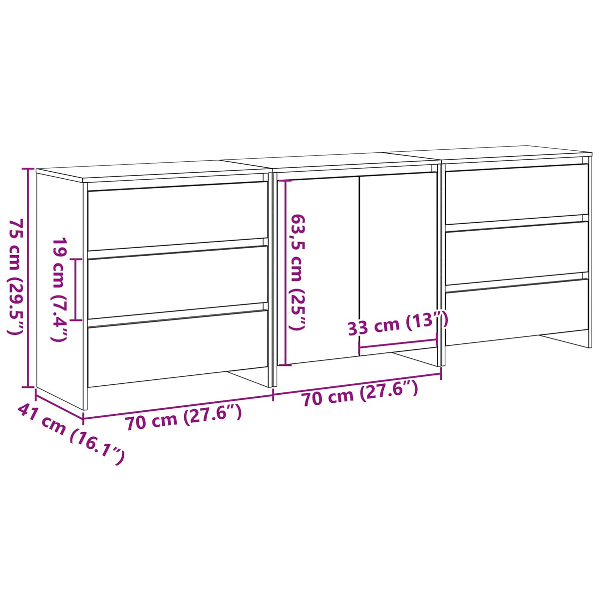 Kreveta s ladicama 3 pcs Crna 70 x 41 x 75 cm Konstruirano drvo