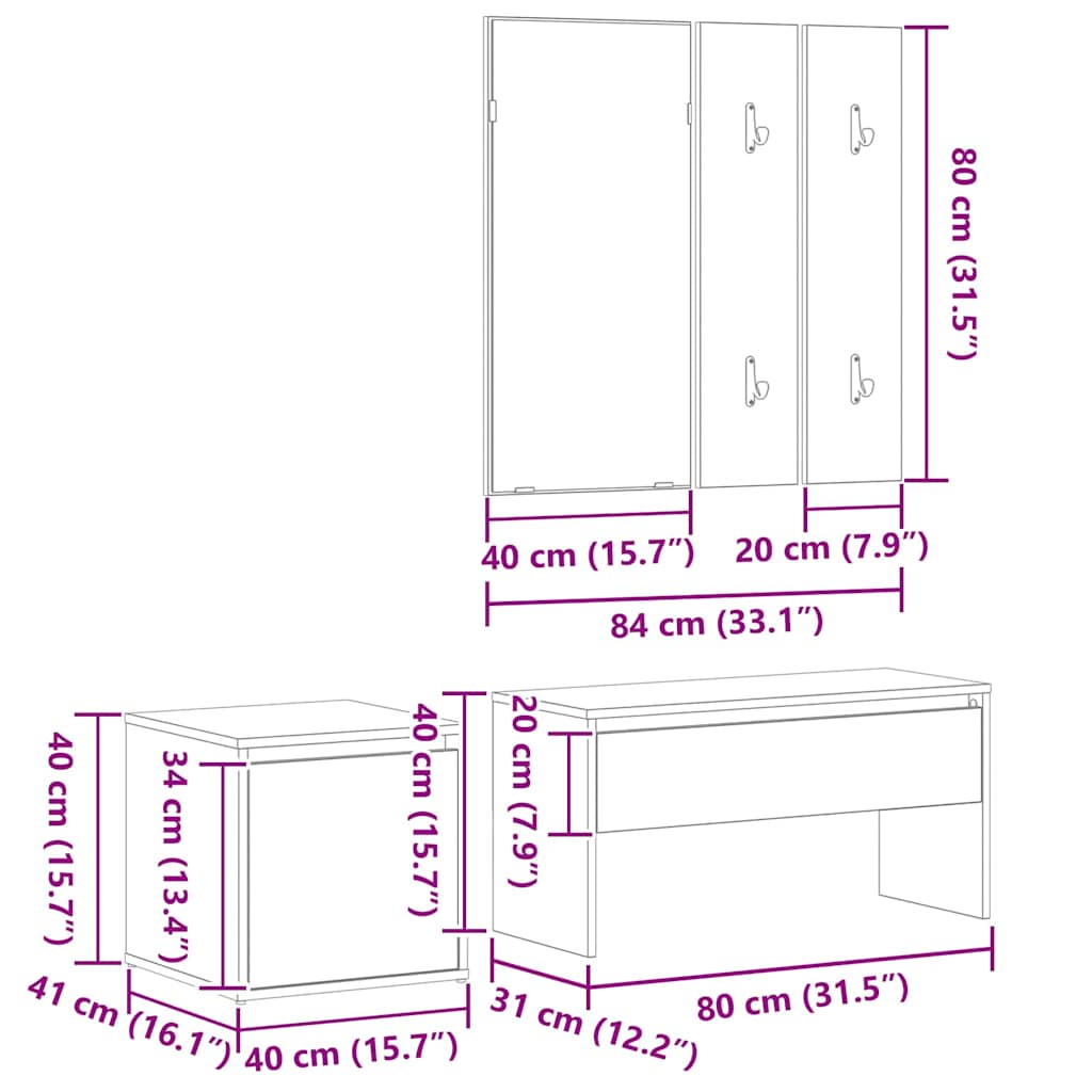 Set namještaja za predsoblje 3 pcs Crni hrast 80 x 31 x 40 cm