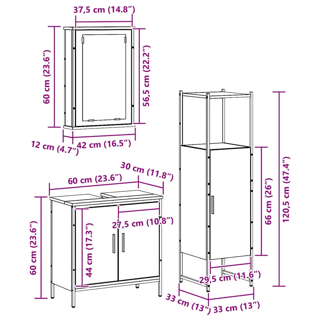 Set namještaja za kupaonicu 3 pcs Smeđa 33 x 33 x 120.5 cm
