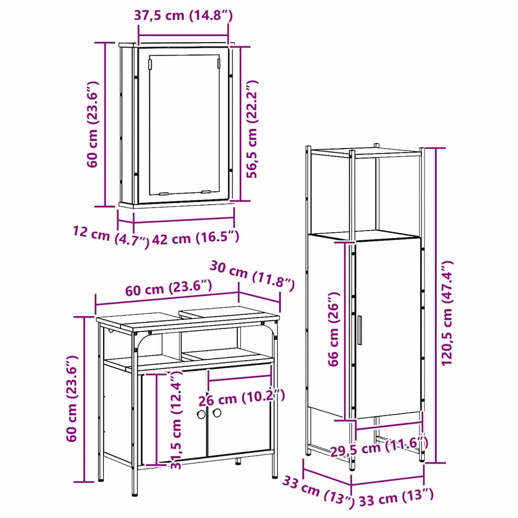 Set namještaja za kupaonicu 3 pcs Smeđa 33 x 33 x 120.5 cm