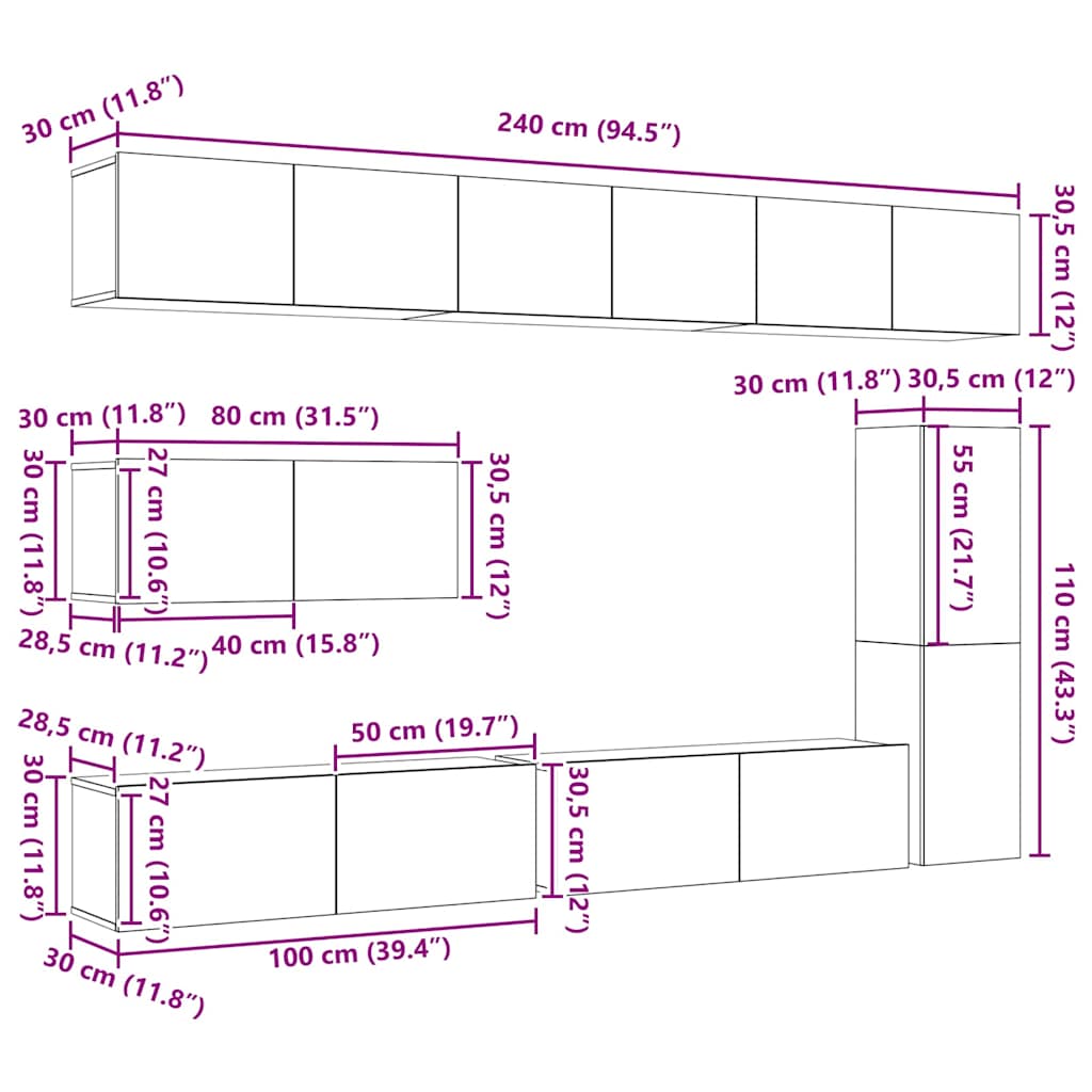 Set TV komoda Zidne 7 pcs Crni hrast Konstruirano drvo