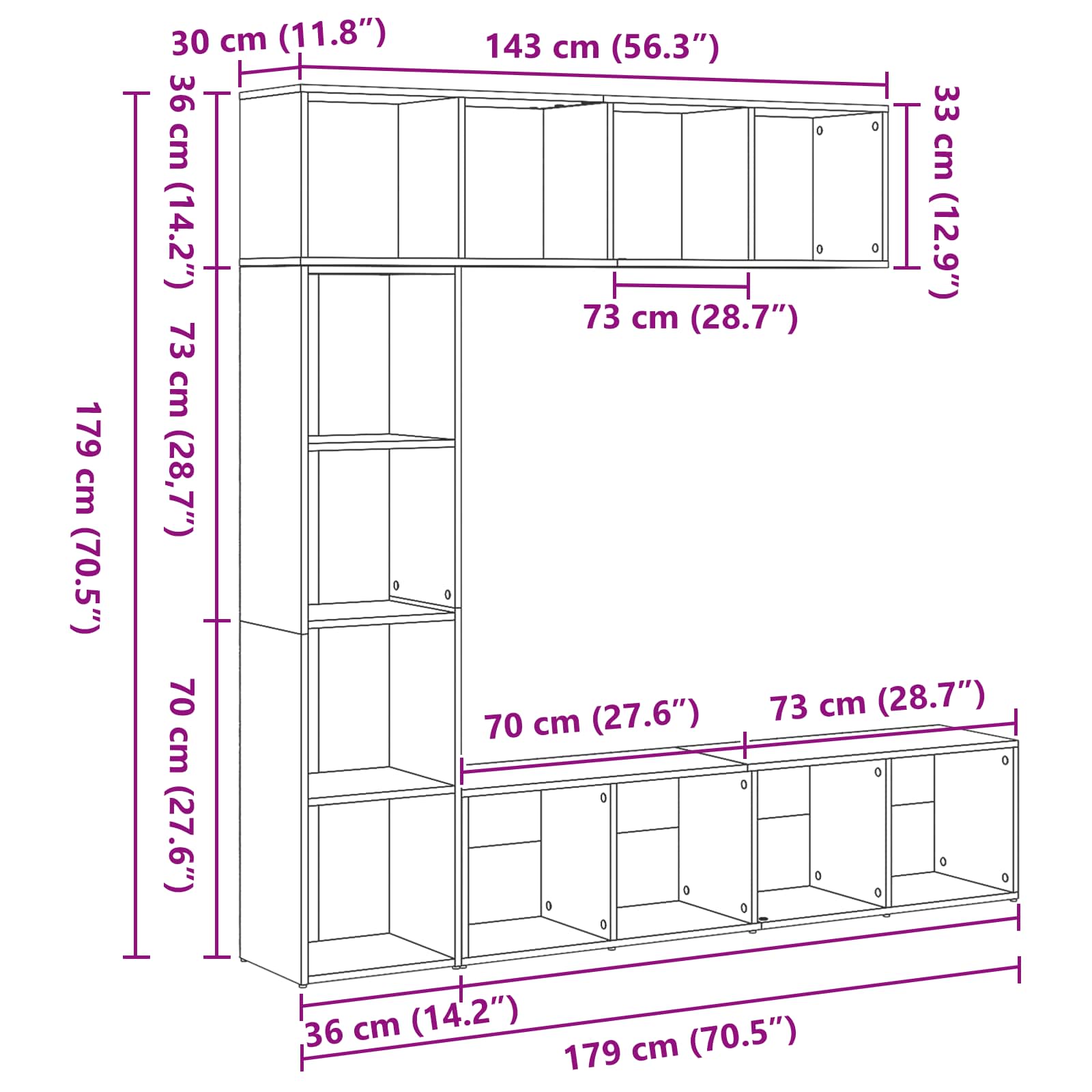 Polica 3 pcs Crni hrast 36 x 30 x 143 cm Konstruirano drvo