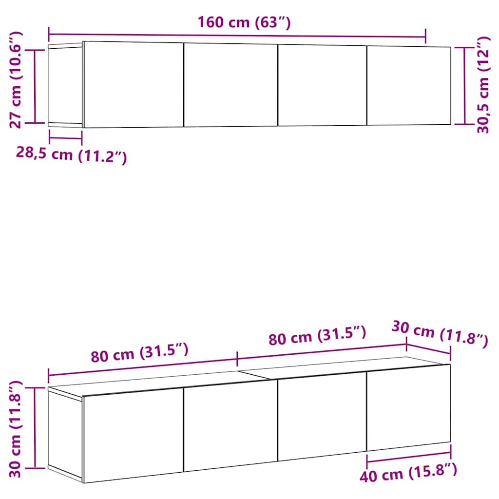 Set TV komoda Zidne 4 pcs Crni hrast 80 x 30 x 30 cm