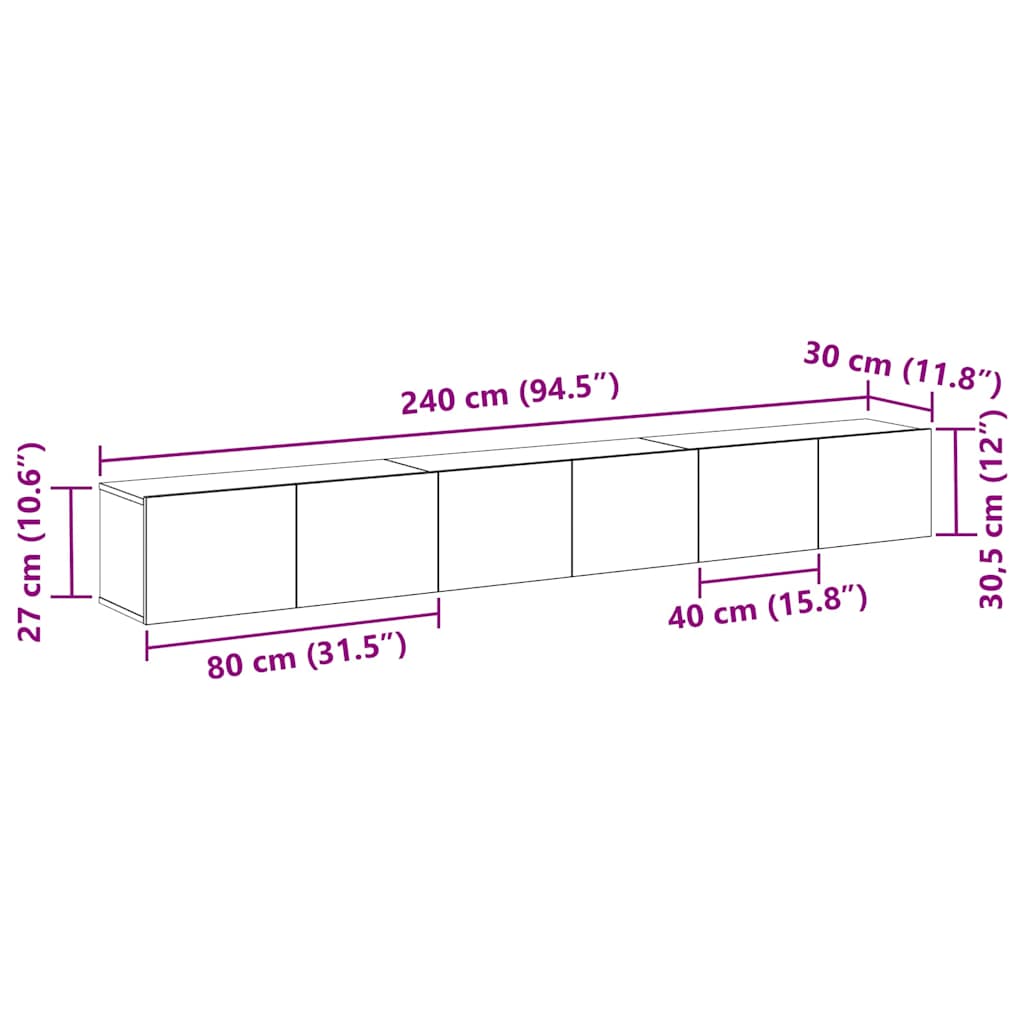 Set TV komoda Zidne 3 pcs Crni hrast 80 x 30 x 30 cm