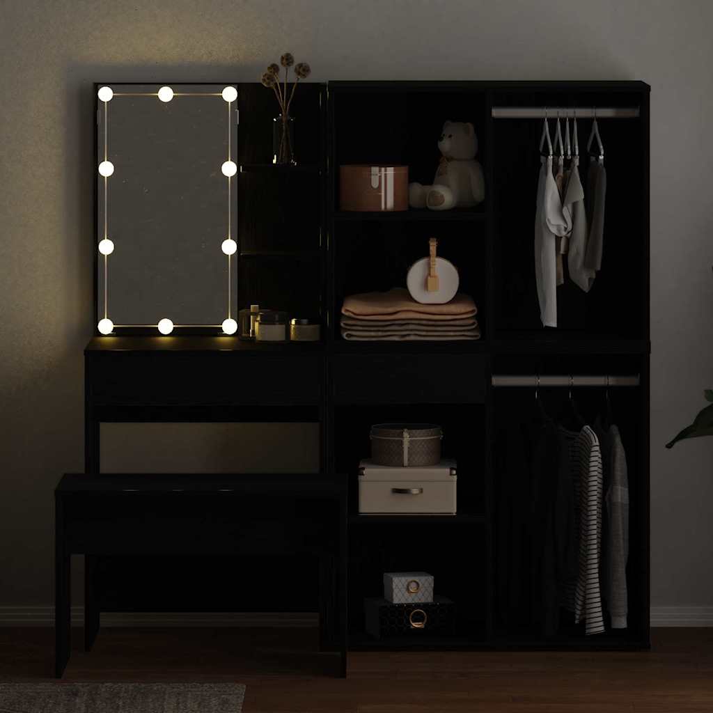 Set stola za oblačenje s LED 4 pcs Crni hrast Konstruirano drvo