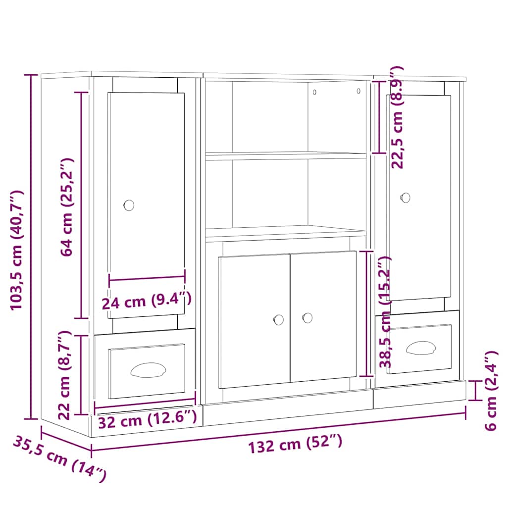 Highboard Crni hrast 132 x 35.5 x 103.5 cm Konstruirano drvo