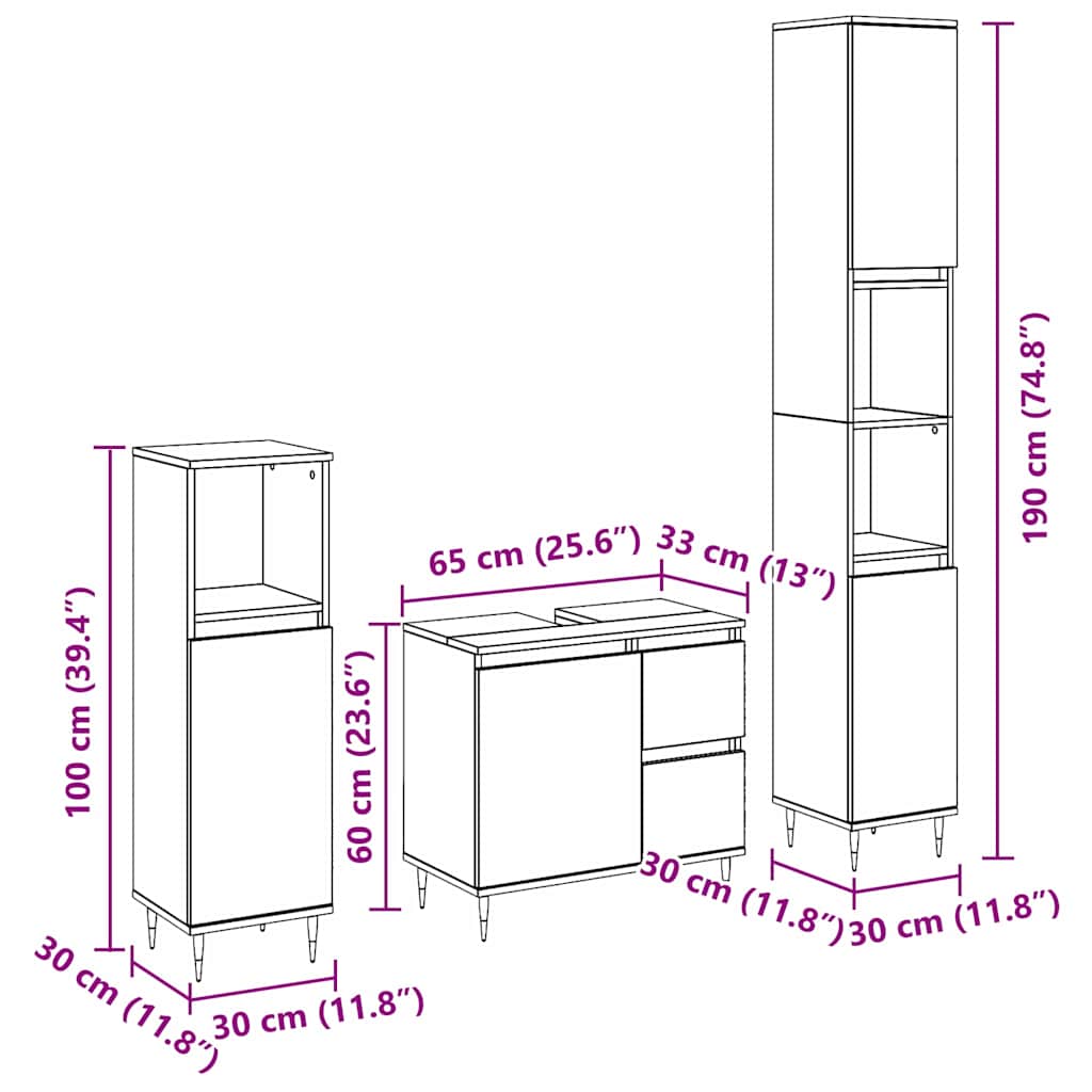 Set namještaja za kupaonicu 3 pcs Crni hrast 30 x 30 x 190 cm