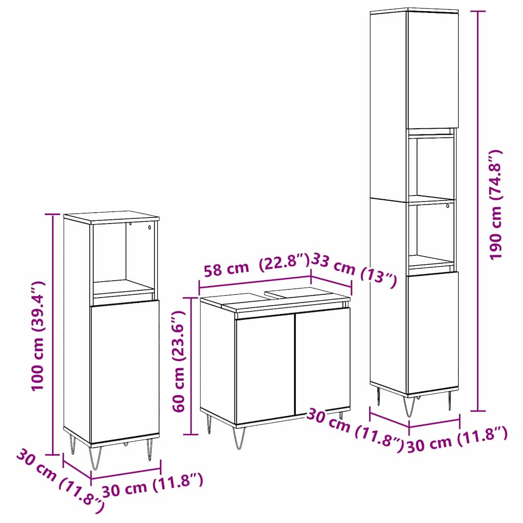 Set namještaja za kupaonicu 3 pcs Crni hrast 30 x 30 x 190 cm