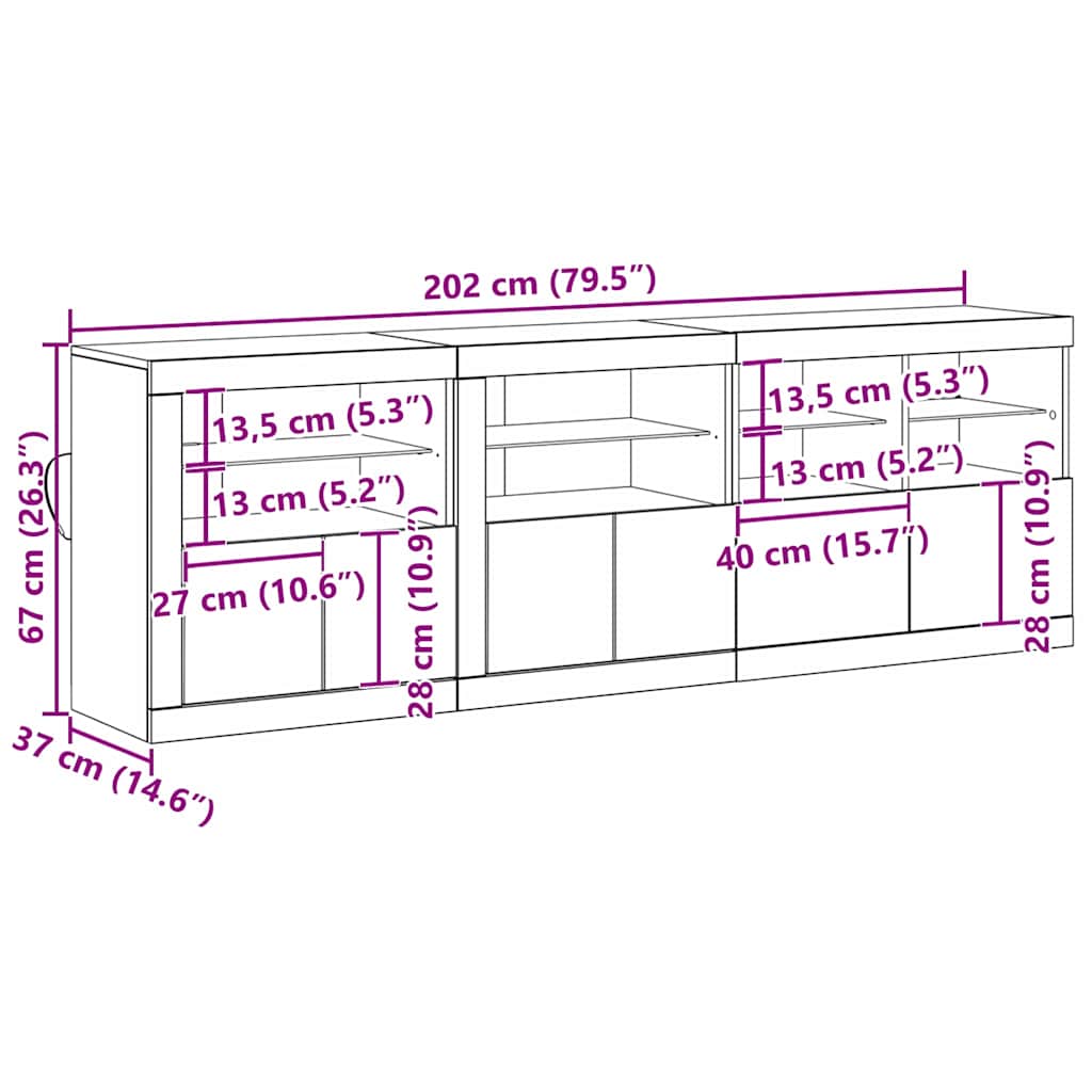 LED komoda Staro drvo 202 x 37 x 67 cm Konstruirano drvo