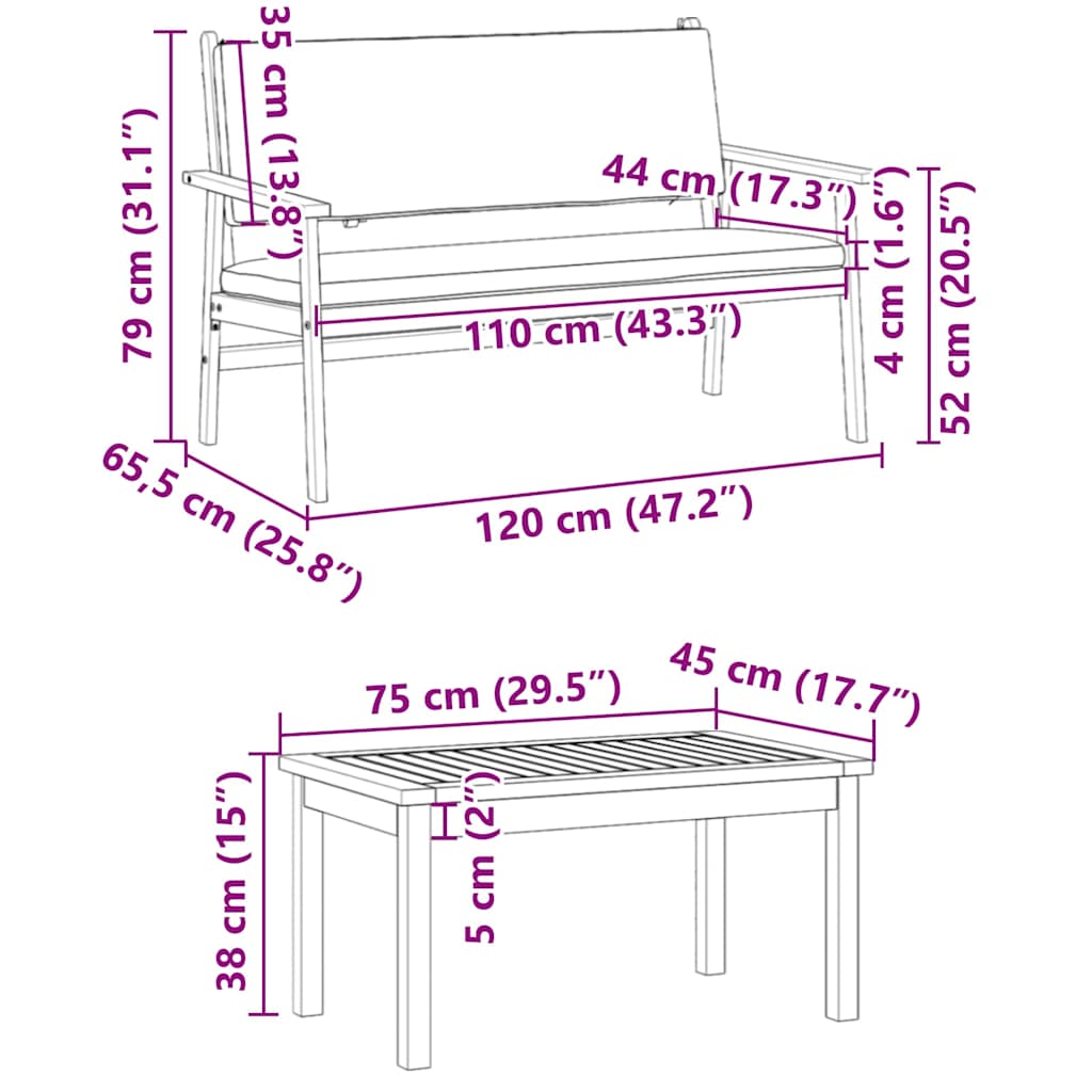 Sjedeća garnitura za vrt 2 pcs Antracit Čvrsto drvo akacije