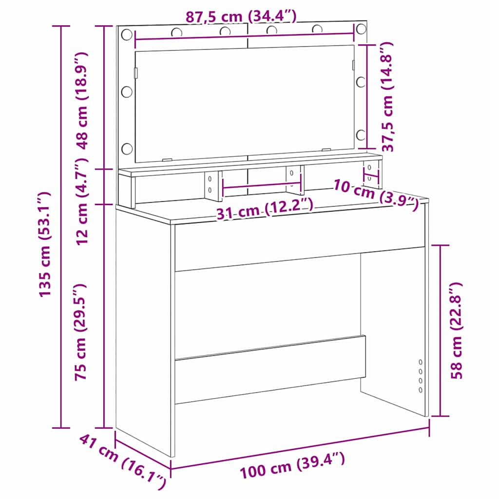 Toaletni stol Betonski sivi 100 x 41 x 135 cm Konstruirano drvo
