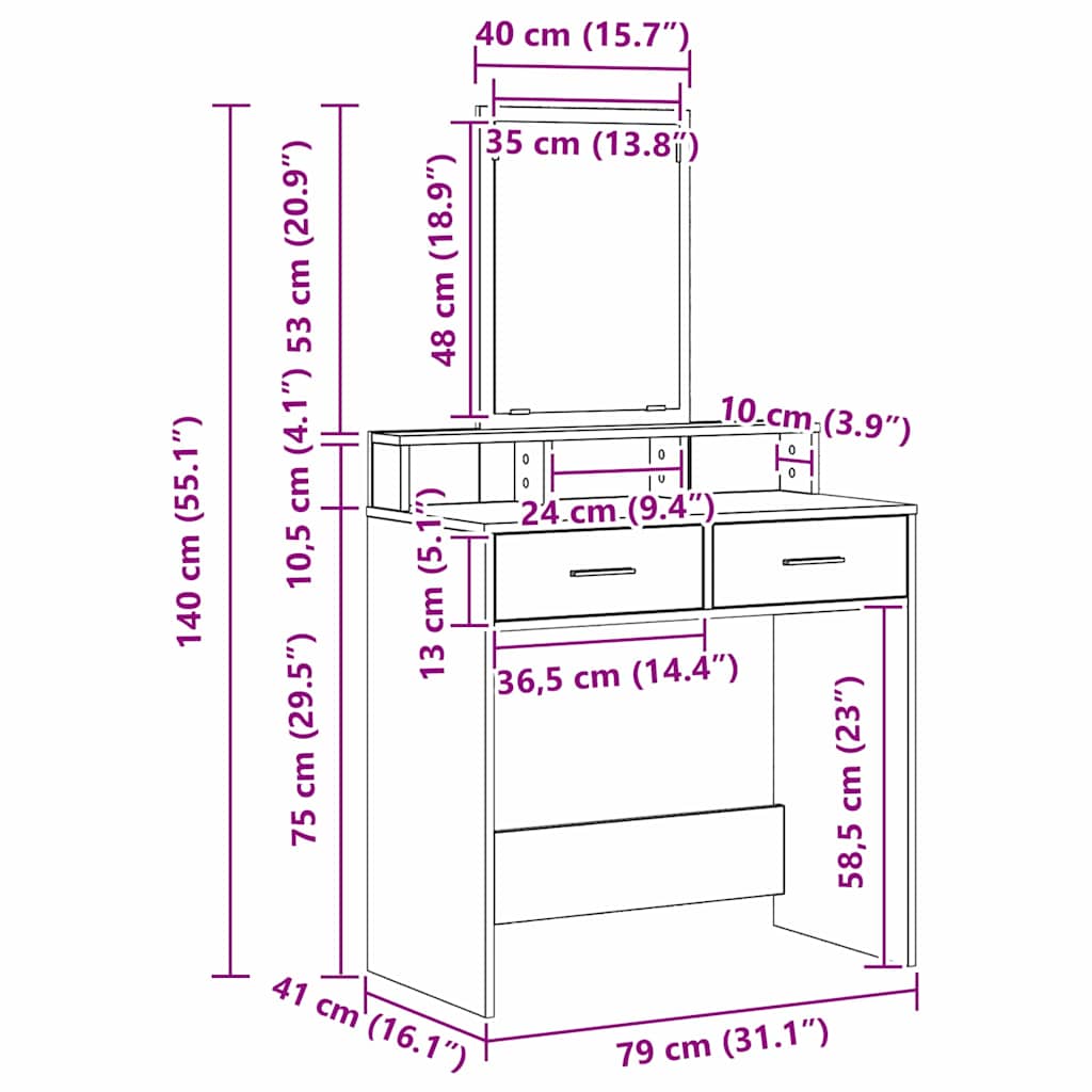 Toaletni stol Crni hrast 79 x 41 x 140 cm Konstruirano drvo