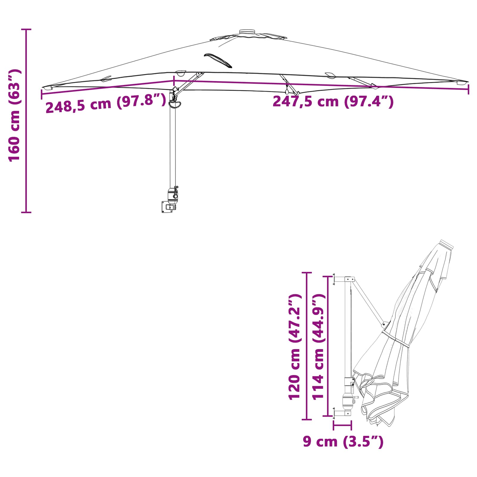 Vrtni suncobran Crna 248,5 x 247,5 x 160 cm Poliester i čelik