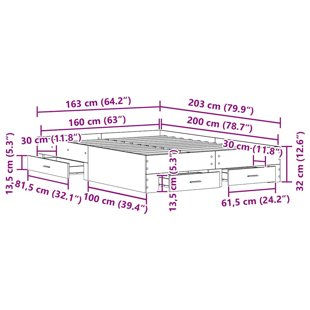 Krevetna konstrukcija s ladicama Umjetnički hrast 160 x 200 cm