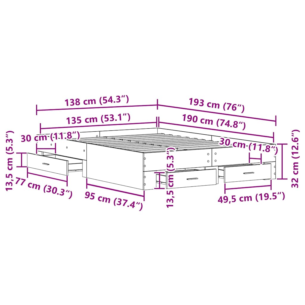 Krevetna konstrukcija s ladicama Umjetnički hrast 135 x 190 cm