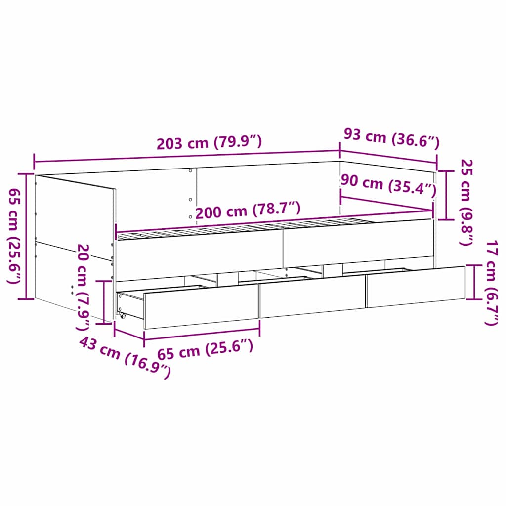 Krevet na dan Crni hrast 90 x 200 cm Konstruirano drvo