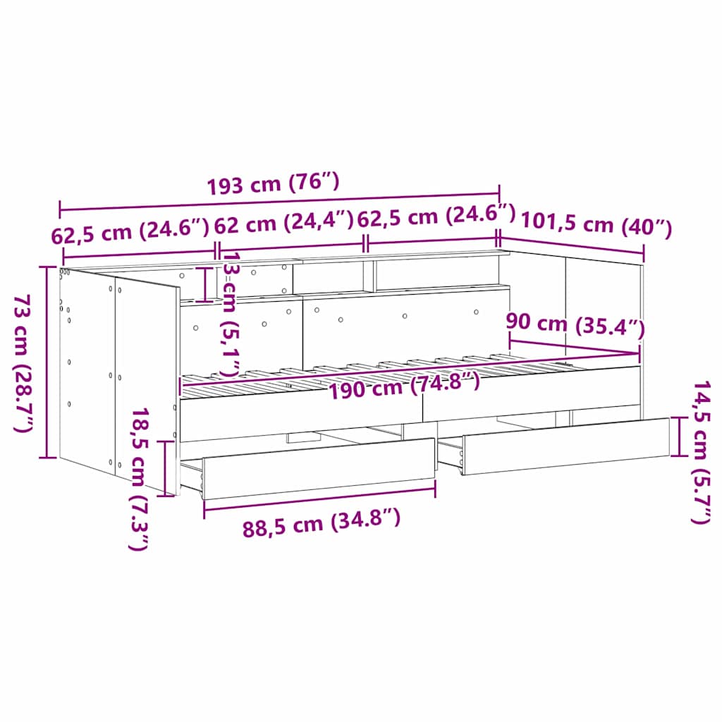 Krevet na dan Umjetnički hrast 90 x 190 cm Konstruirano drvo