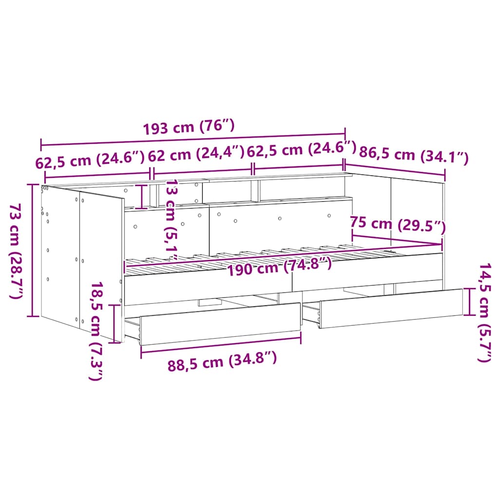 Krevet na dan Crni hrast 75 x 190 cm Konstruirano drvo