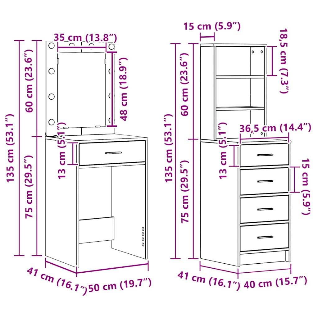 Toaletni stol 2 pcs Bijelo 50 x 41 x 135 cm Konstruirano drvo