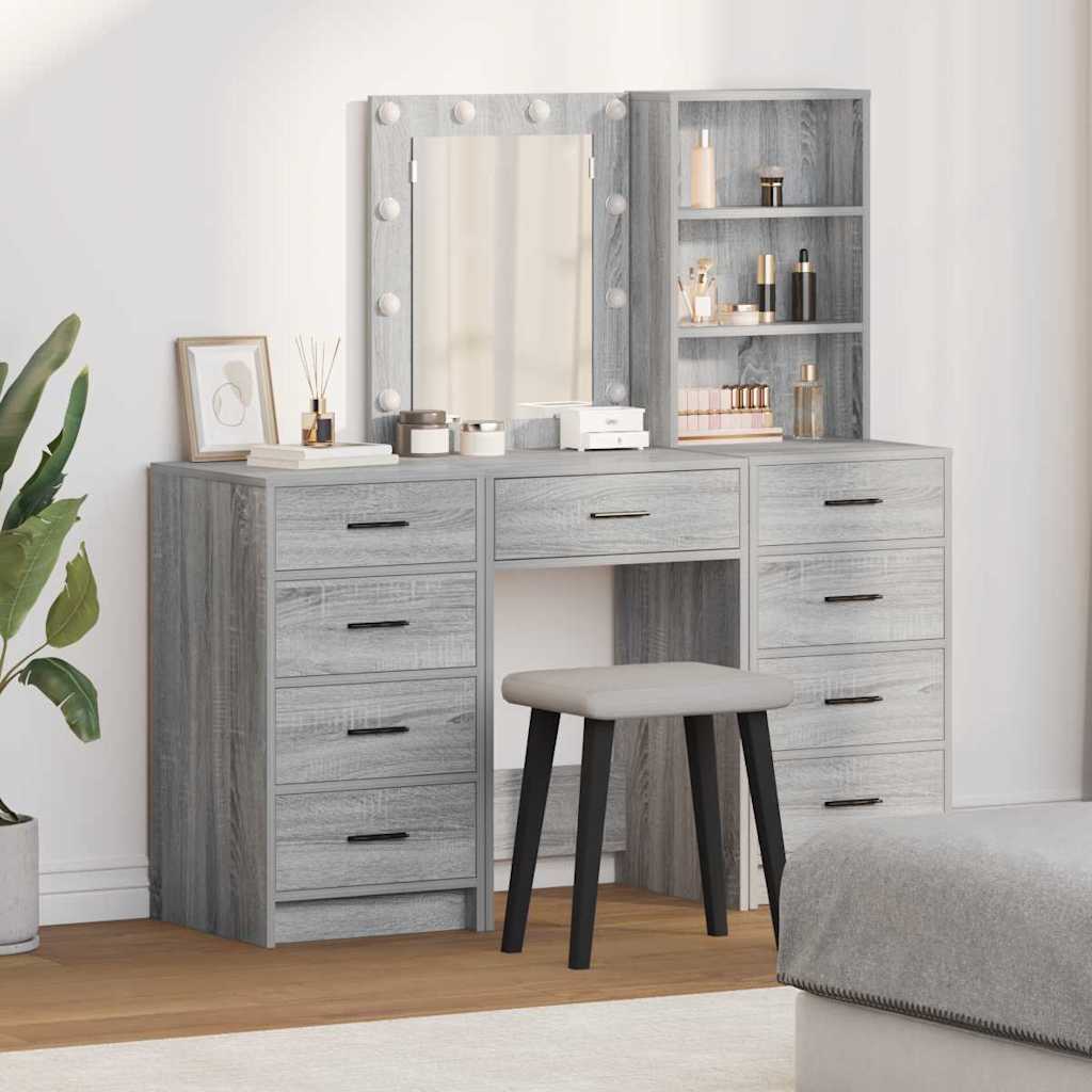 Toaletni stol s zrcalnim svjetlima 3 pcs Siva Konstruirano drvo