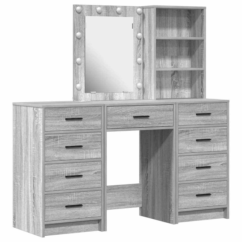 Toaletni stol s zrcalnim svjetlima 3 pcs Siva Konstruirano drvo