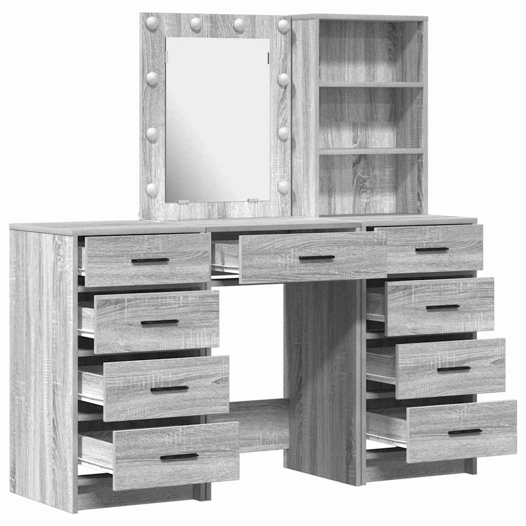 Toaletni stol s zrcalnim svjetlima 3 pcs Siva Konstruirano drvo