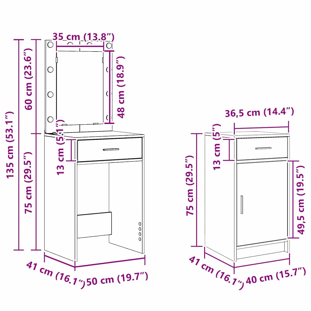 Toaletni stol 2 pcs Bijelo 50 x 41 x 135 cm Konstruirano drvo
