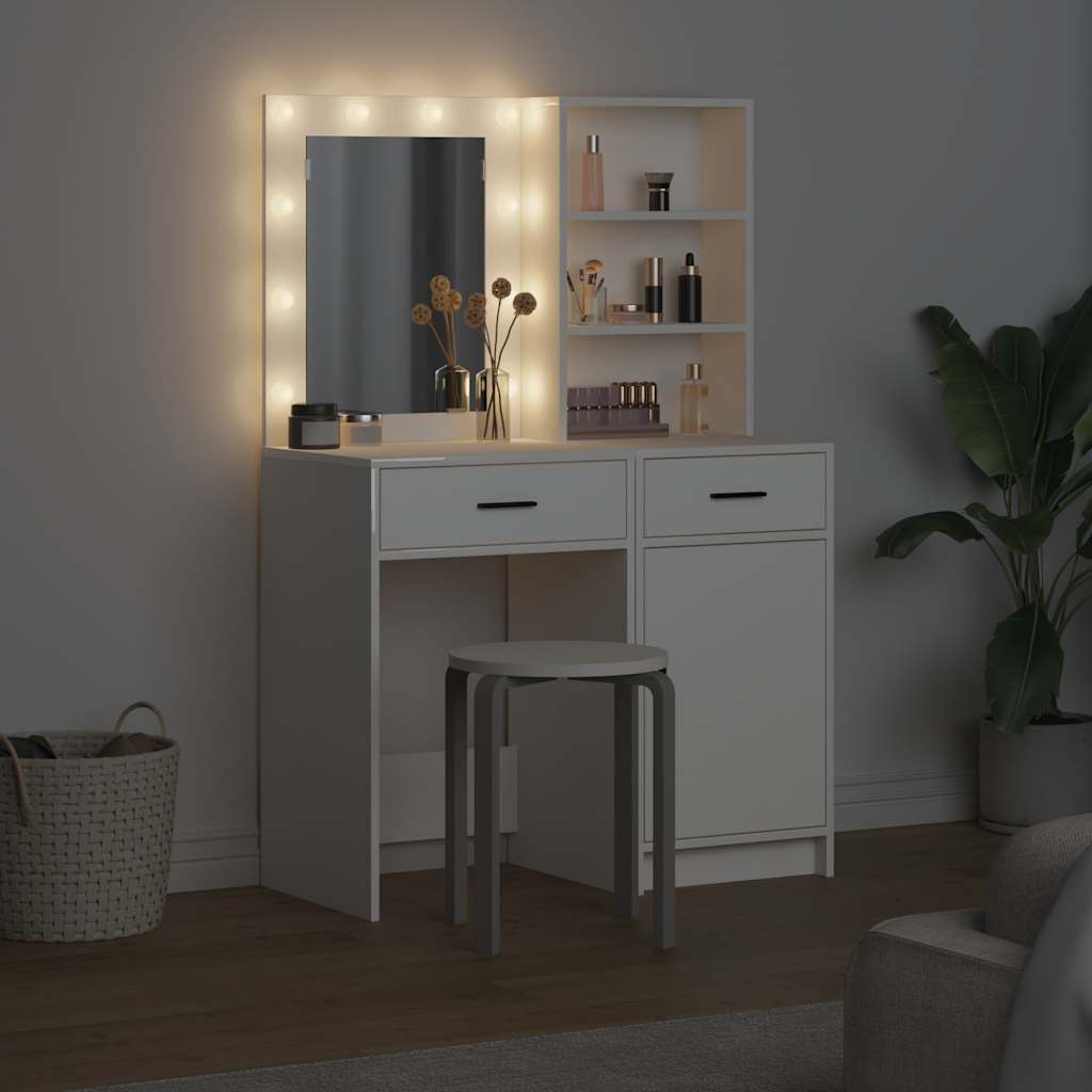 Set stola za oblačenje s LED 2 pcs Bijelo Konstruirano drvo