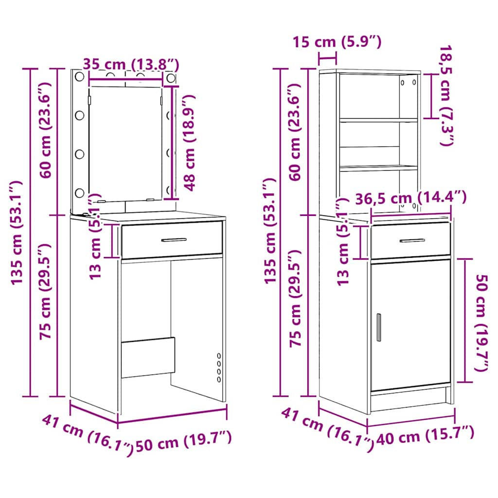 Set stola za oblačenje s LED 2 pcs Bijelo Konstruirano drvo