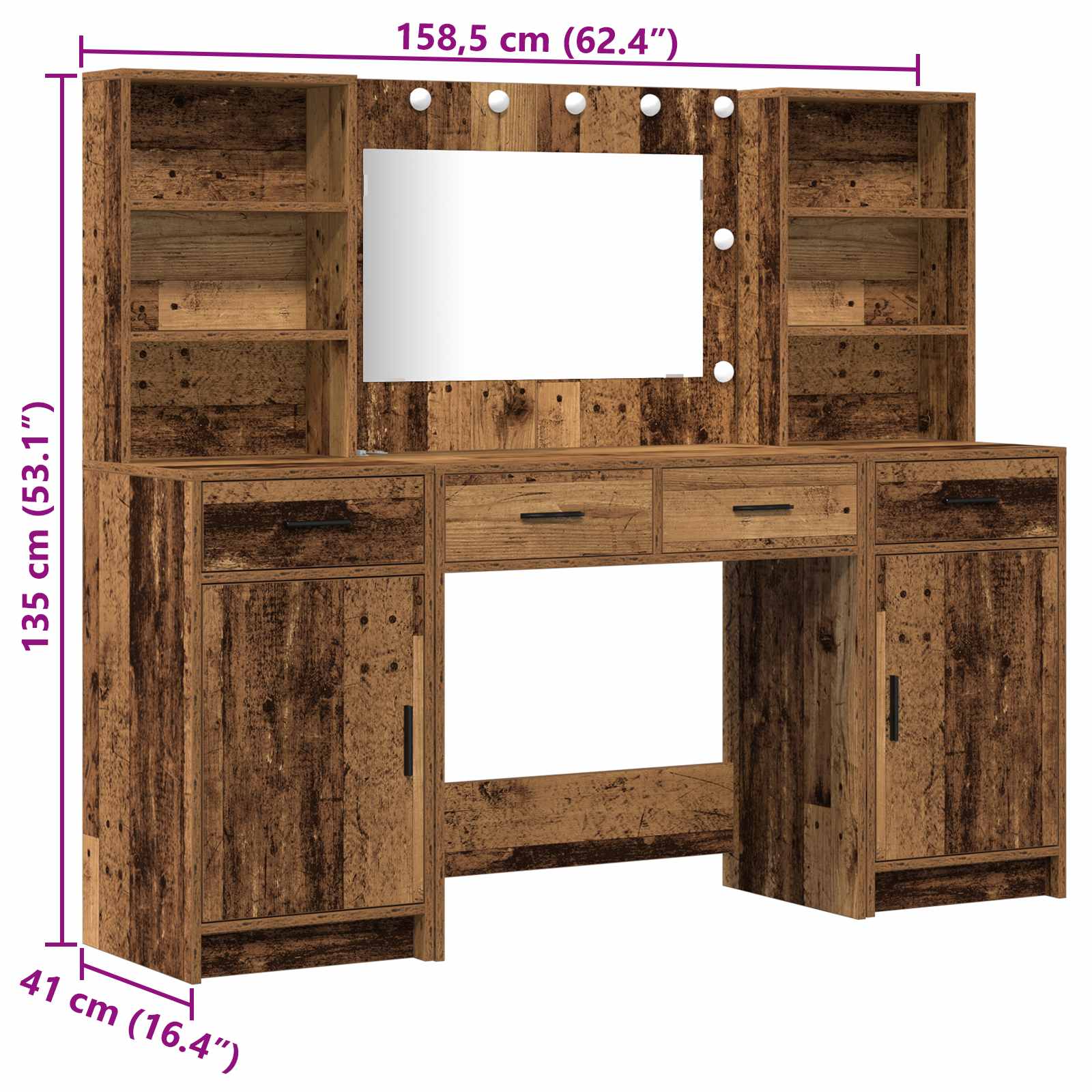 Set stola za oblačenje s LED 3 pcs Staro drvo Konstruirano drvo