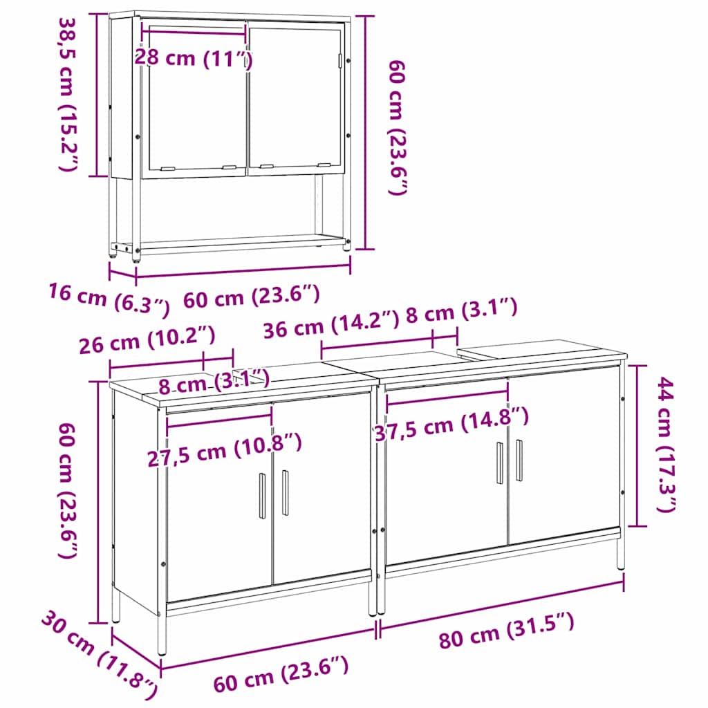 Set namještaja za kupaonicu Zidne 3 pcs Crna Konstruirano drvo
