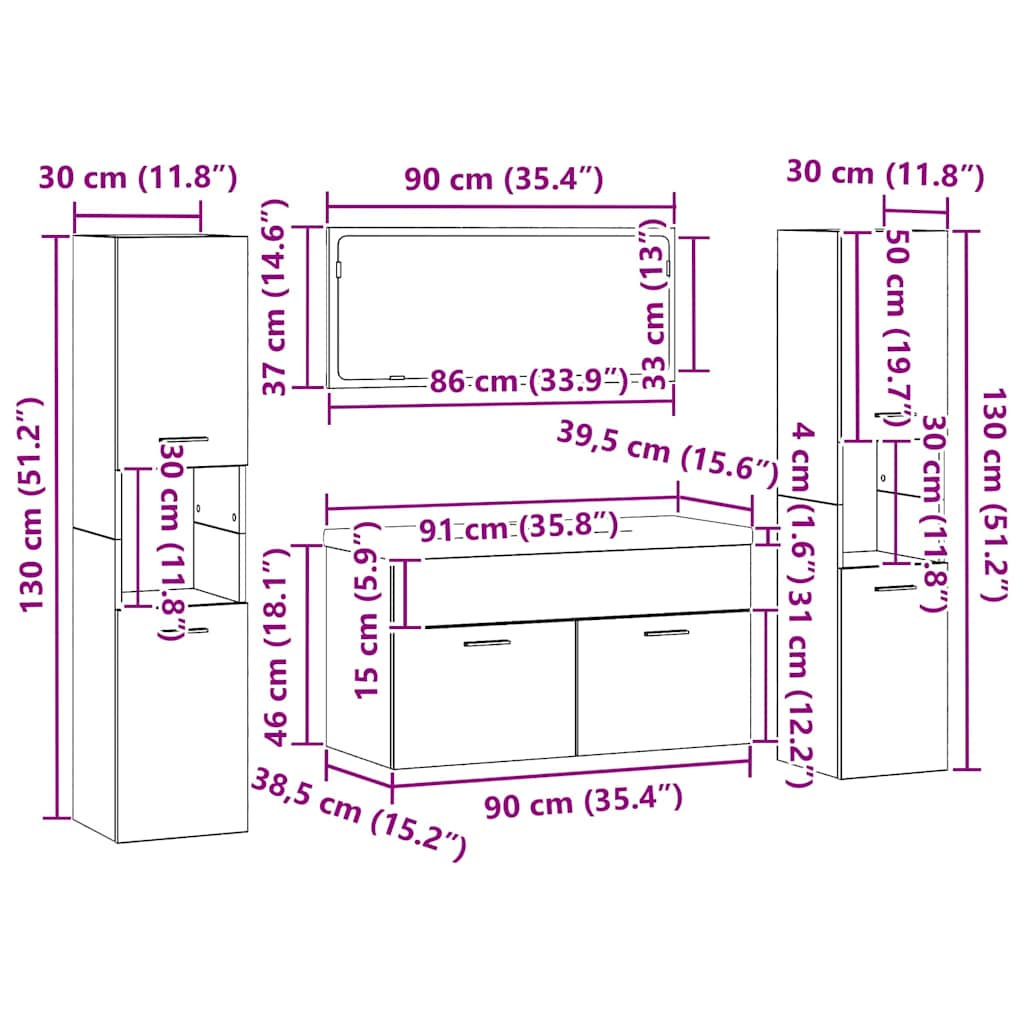 Set namještaja za kupaonicu 4 pcs Crni hrast Konstruirano drvo