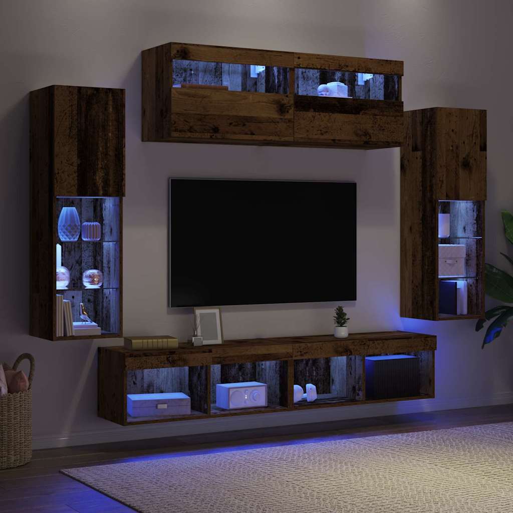Set TV komoda S LED lampica 6 pcs Staro drvo Konstruirano drvo