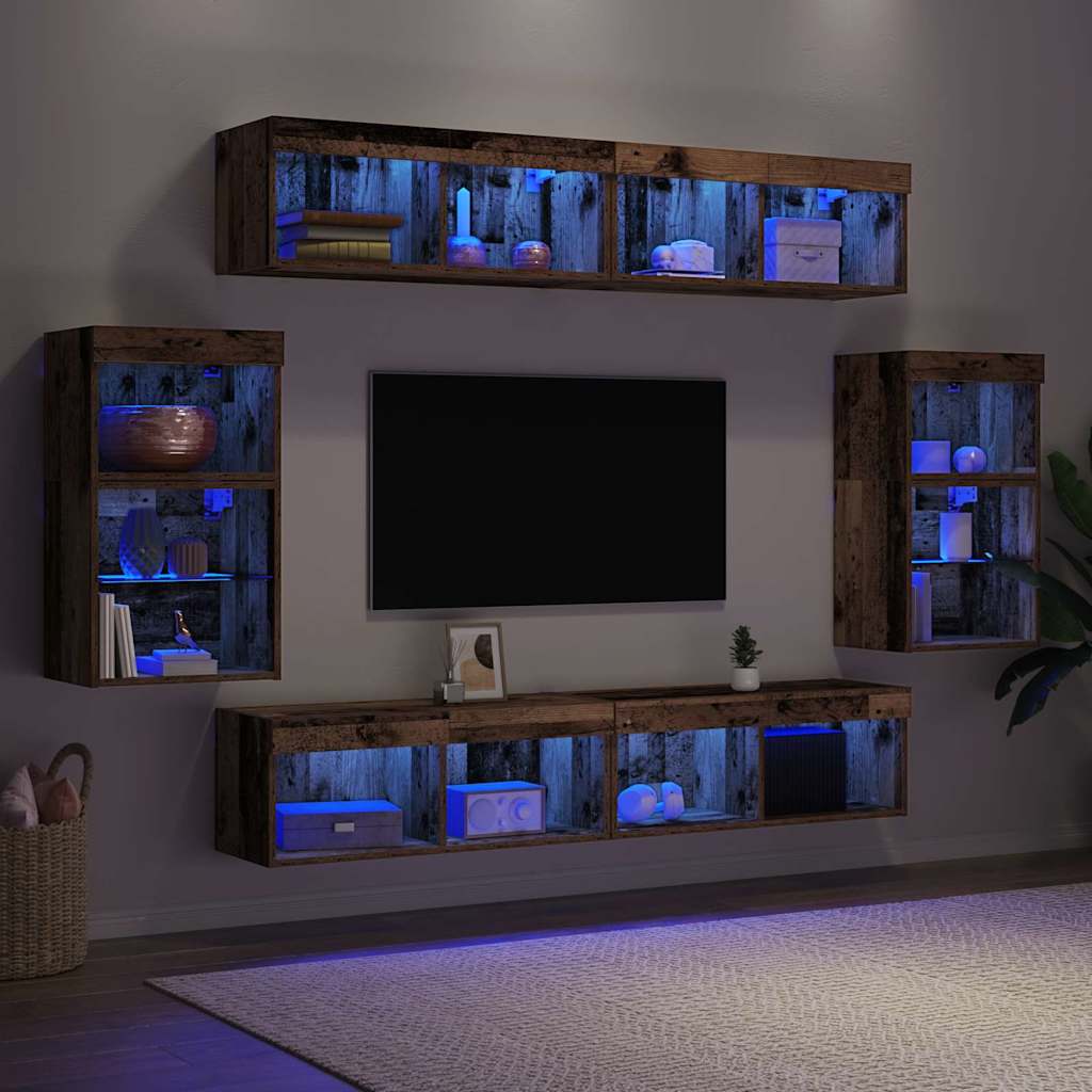 Set TV komoda S LED lampica 8 pcs Staro drvo Konstruirano drvo