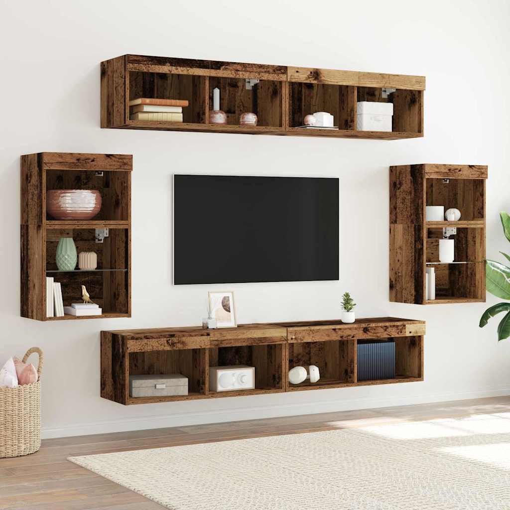 Set TV komoda S LED lampica 8 pcs Staro drvo Konstruirano drvo