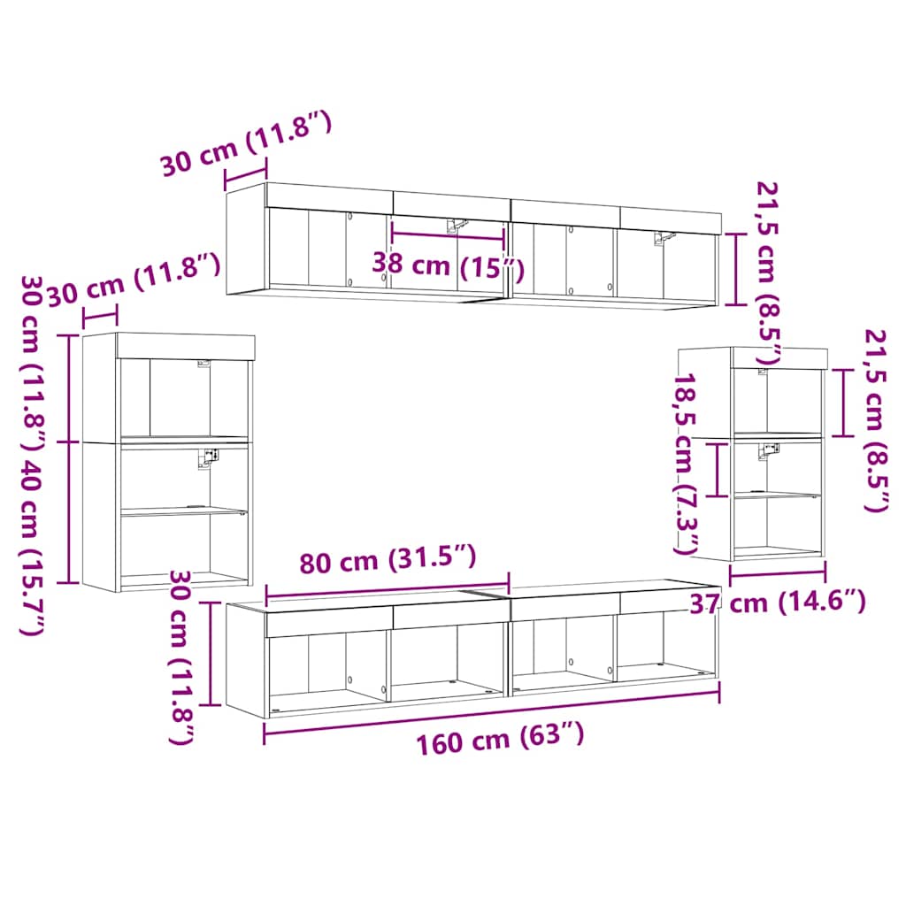 Set TV komoda S LED lampica 8 pcs Staro drvo Konstruirano drvo