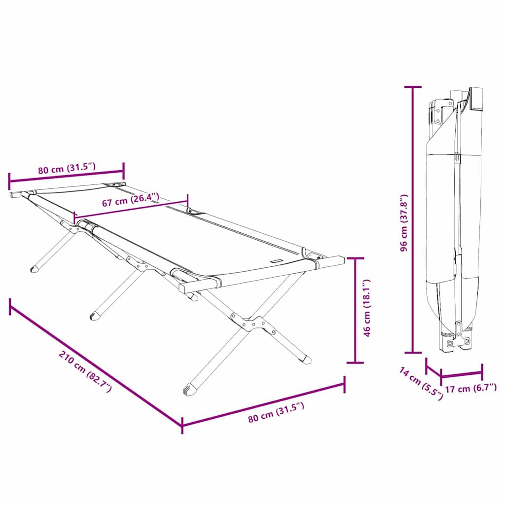Sklopivi kamperski krevet 2 pcs Crna 210 x 80 x 46 cm