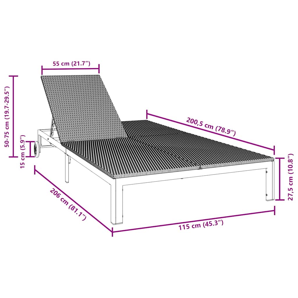 Ležaljka na suncu Crna 206 x 115 x 75 cm poliratan