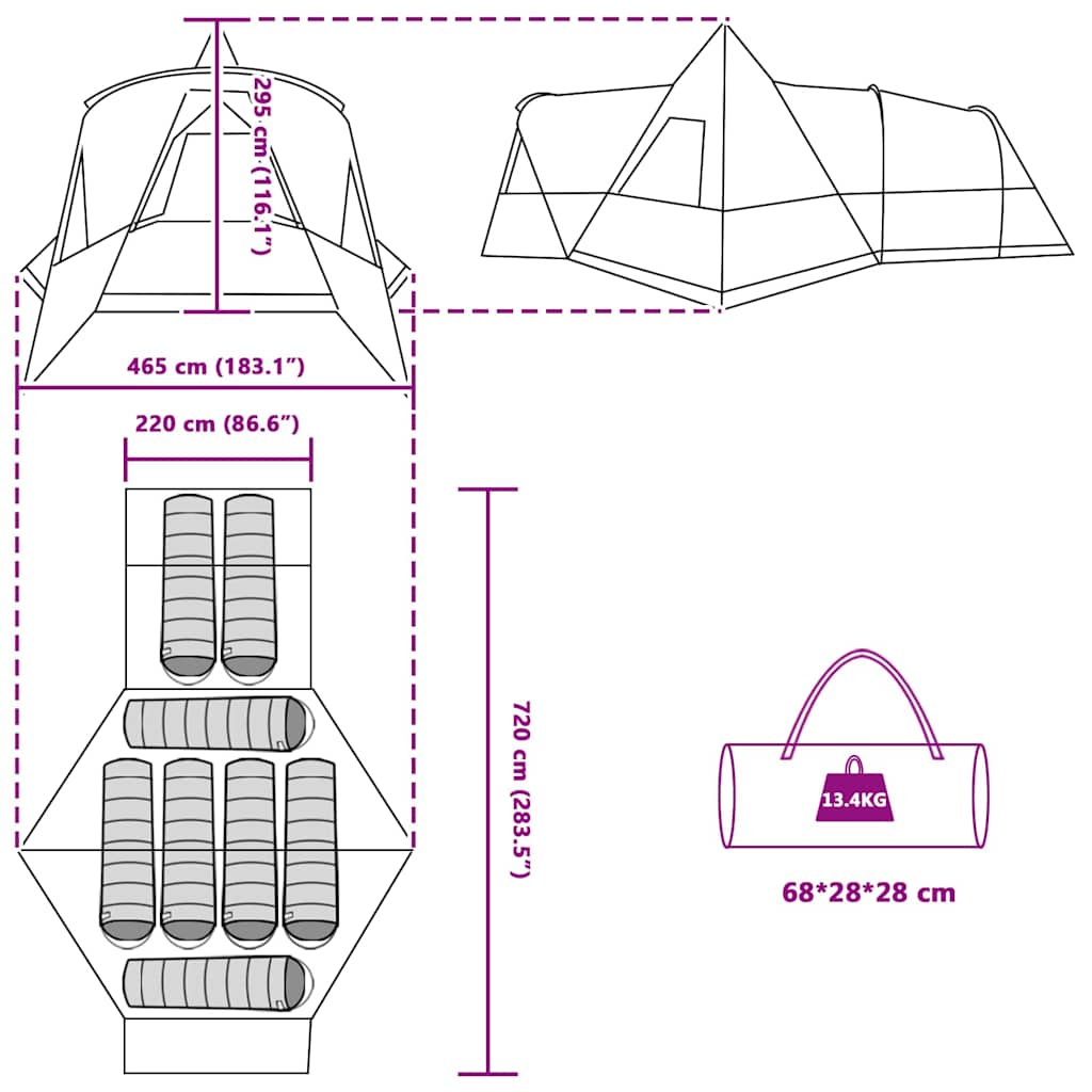 Teepee šator za 8 osoba s krovom Zelena 720 x 465 x 295 cm