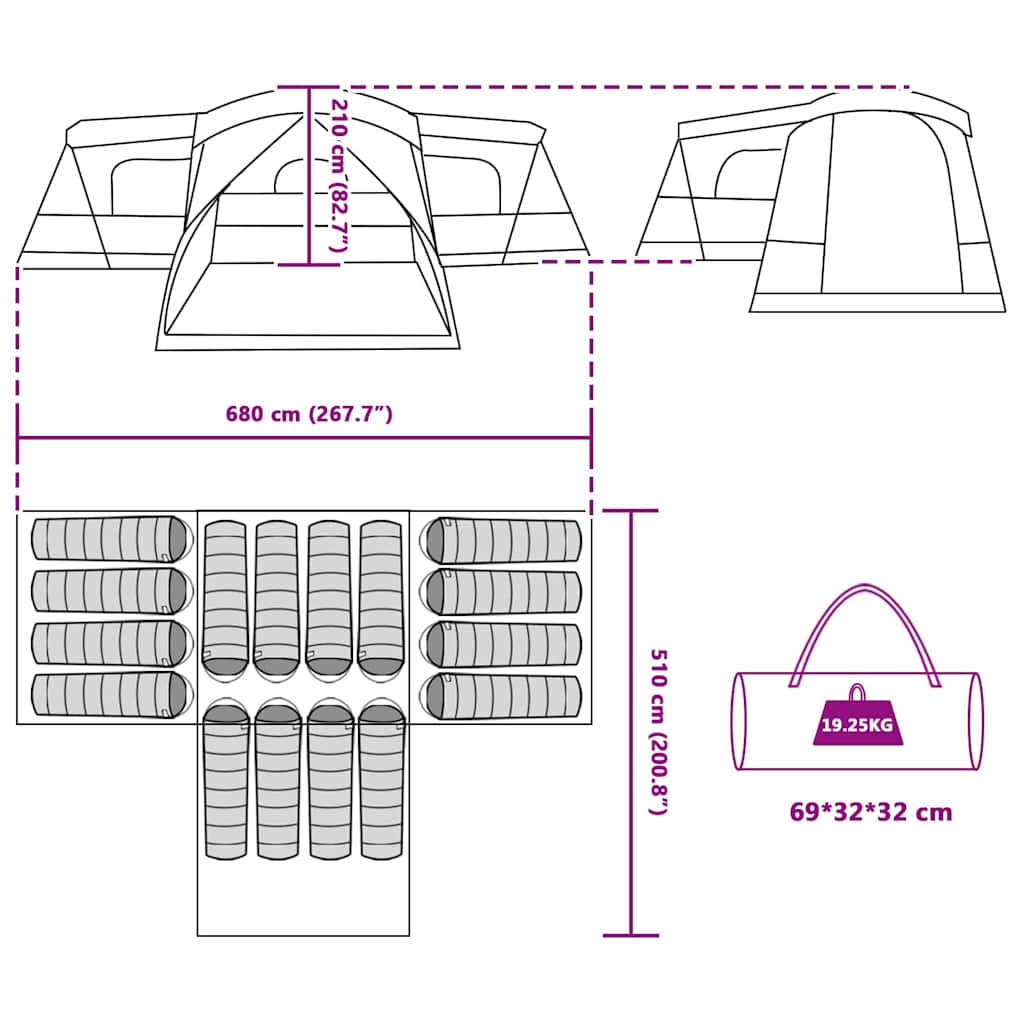 Šator za 16 osoba s krovom Siva i narančasta 680 x 510 x 210 cm