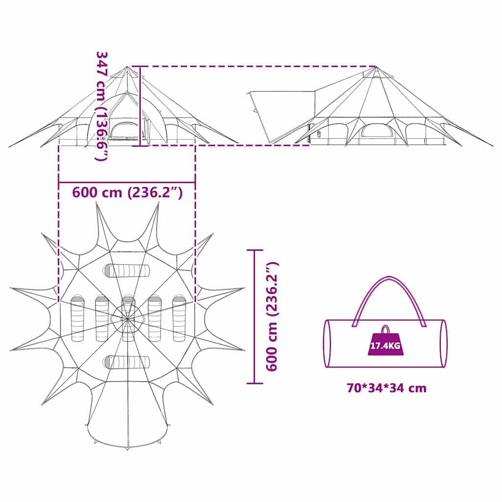 Teepee šator za 7 osoba Zelena i Siva 600 x 600 x 347 cm